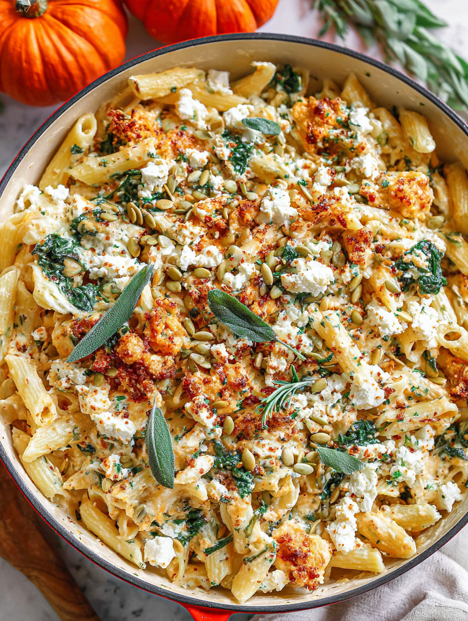 A bowl of pasta with pumpkin seeds and feta cheese.