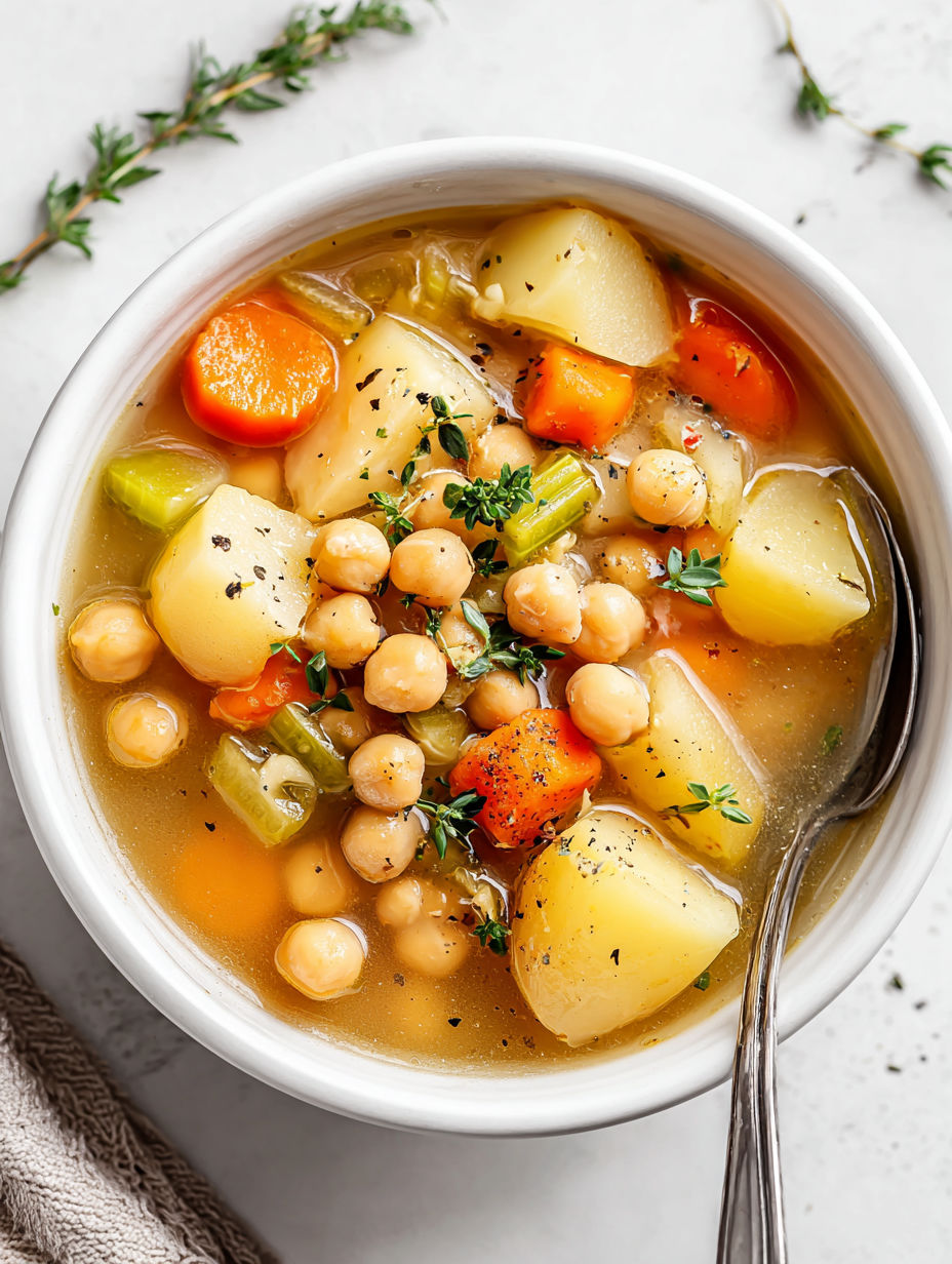 A bowl of soup with chickpeas, carrots, and potatoes.