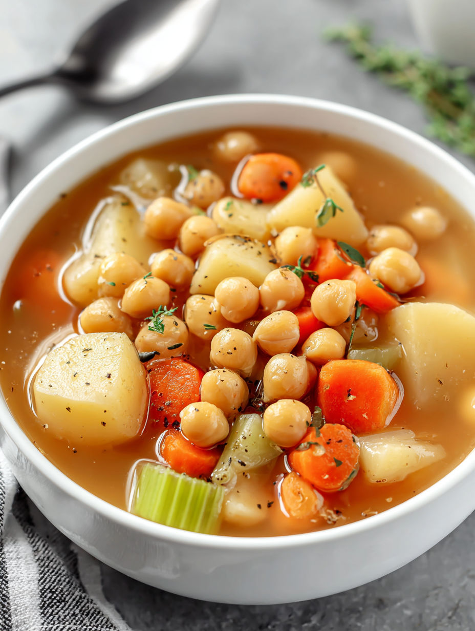 A bowl of soup with carrots, chickpeas, and potatoes.