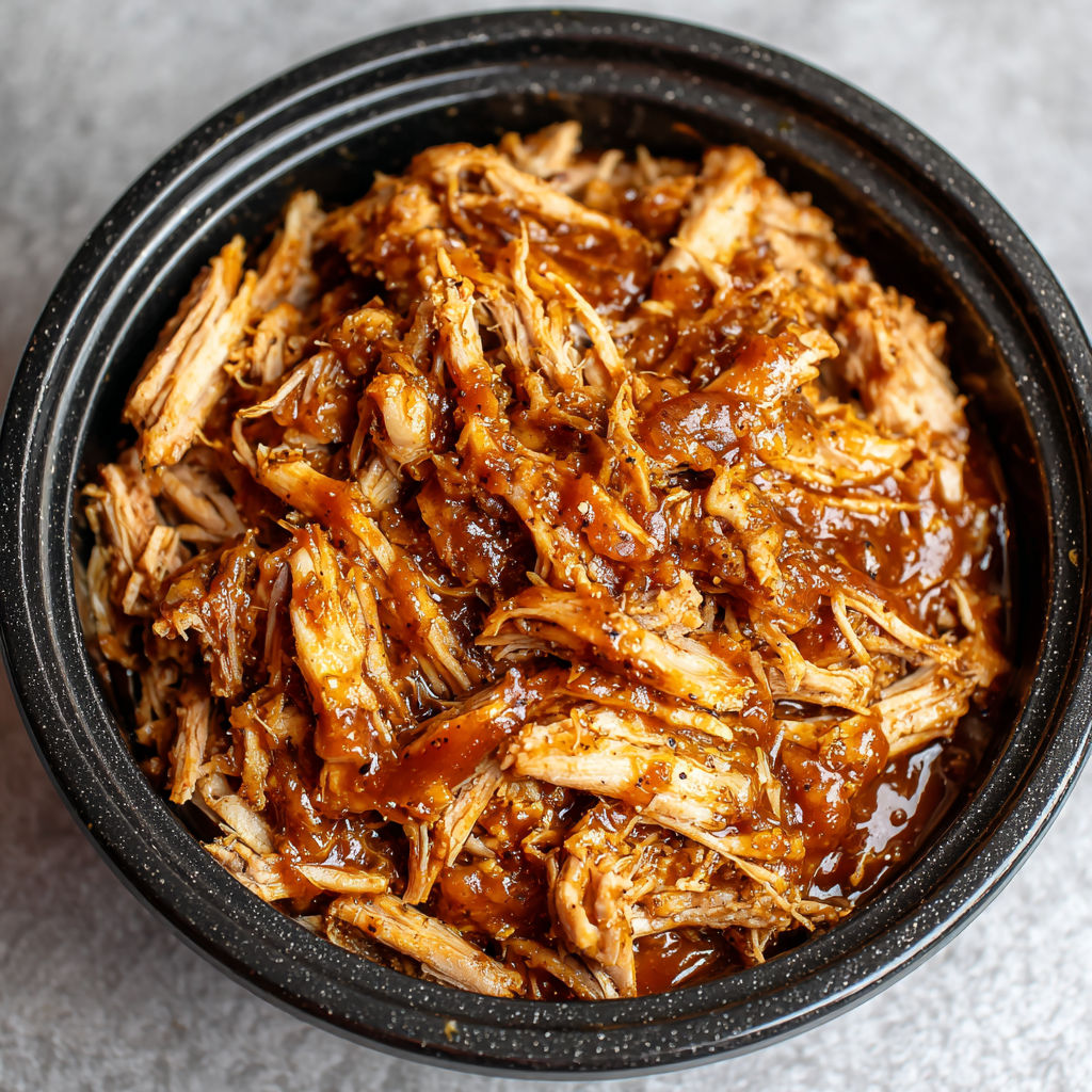 A bowl of slow cooker BBQ pulled pork.