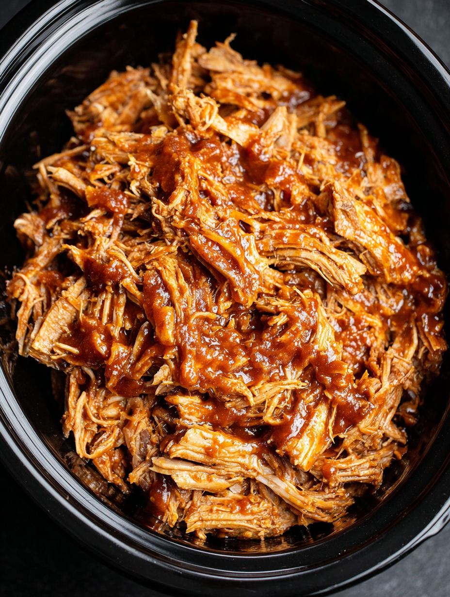 A close up of slow cooker BBQ Pulled Pork.