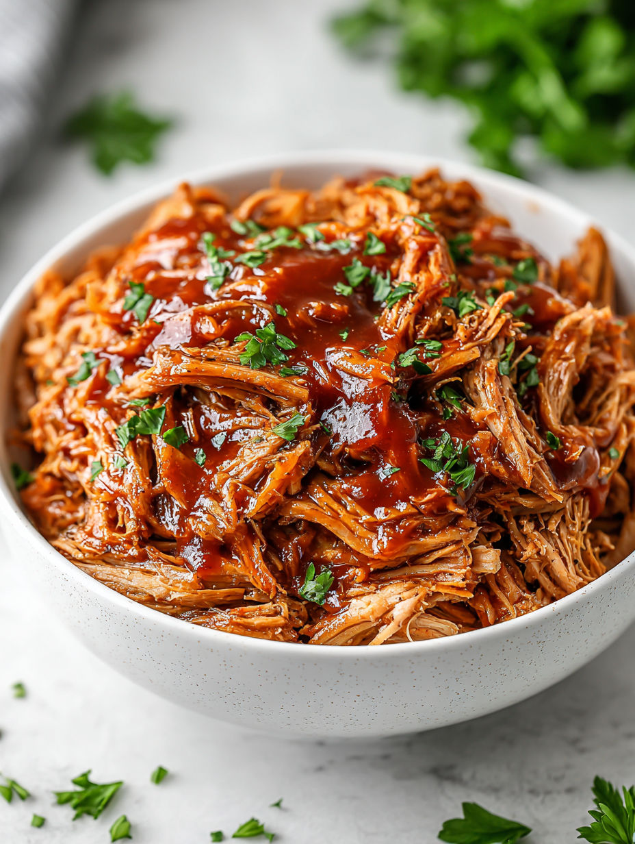 A bowl of slow cooker BBQ pulled pork.