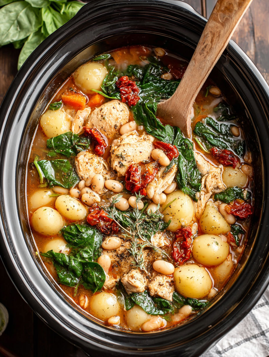 A bowl of Tuscan Crockpot Chicken and White Bean Stew.
