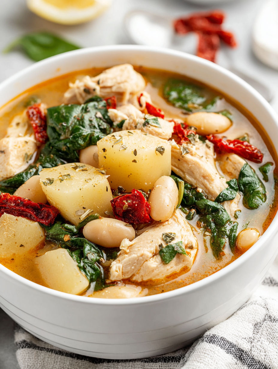 A bowl of soup with chicken, beans, and greens.