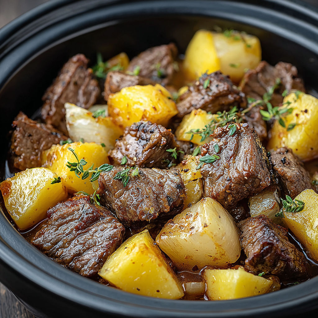 A bowl of beef and potatoes in a slow cooker.