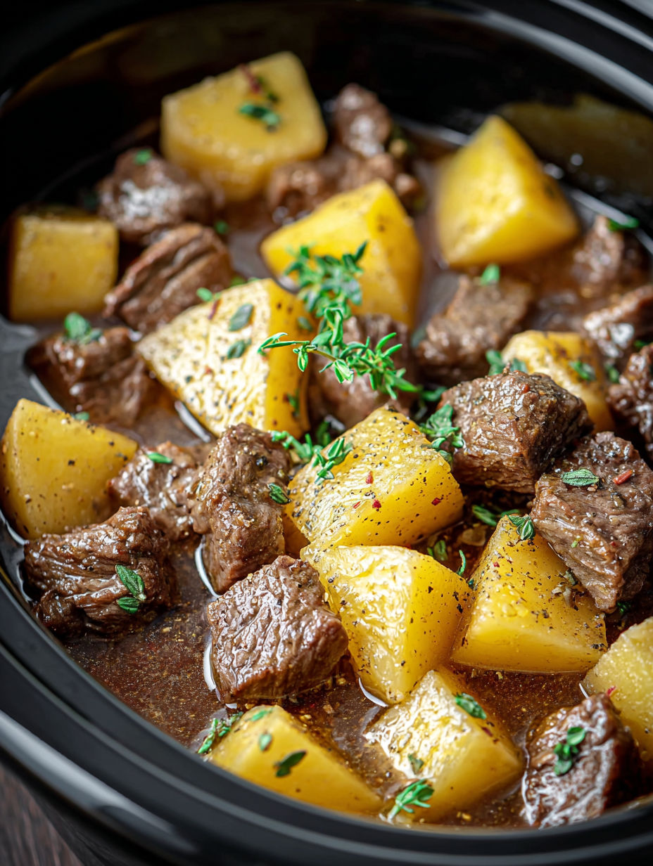 A bowl of meat and potatoes.