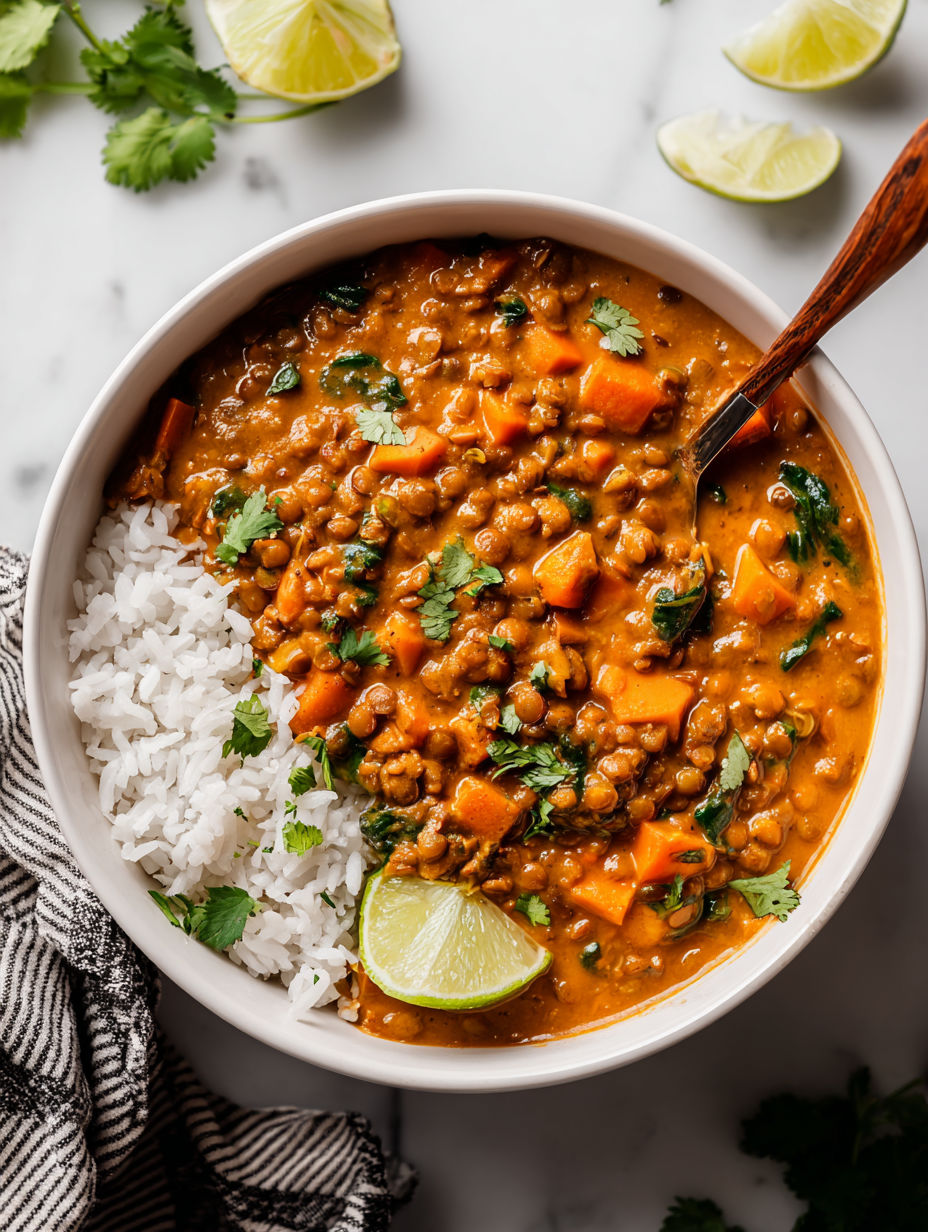 A bowl of lentil soup with rice and vegetables.