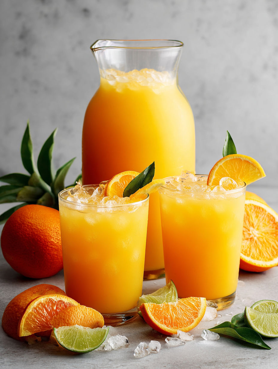 Two glasses of orange sherbet punch are on a table.