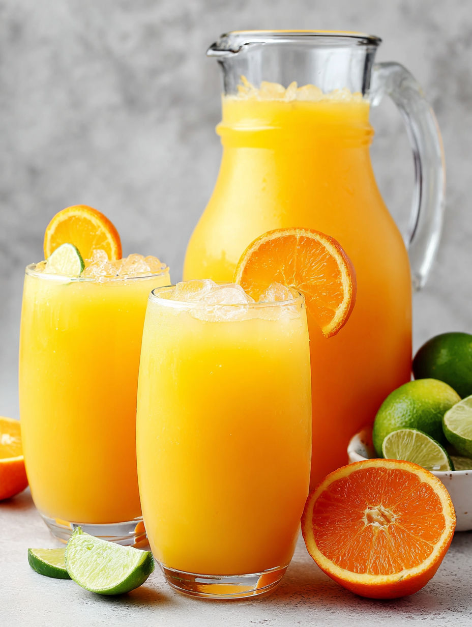 Two glasses of orange sherbet punch are on a table.