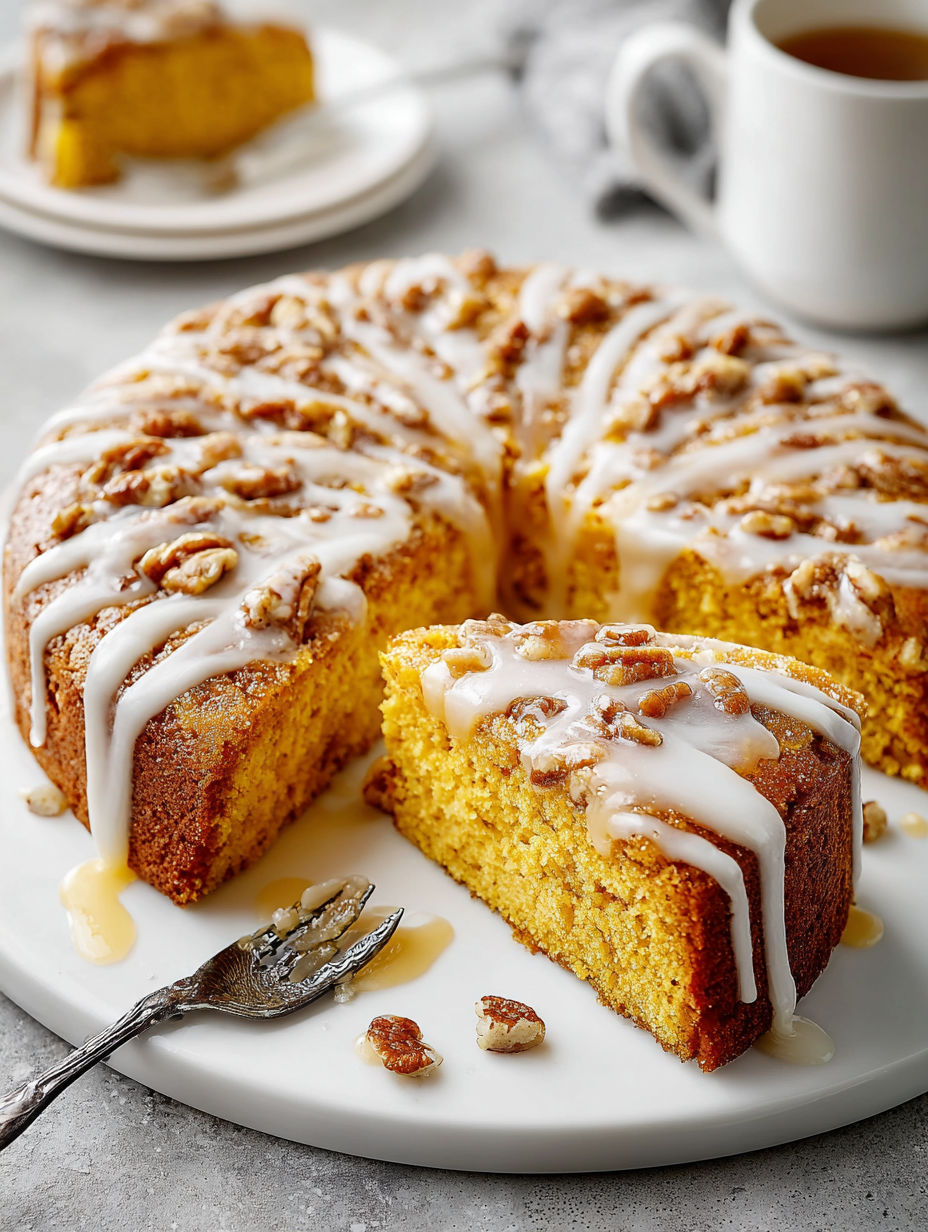 A slice of pumpkin cake with vanilla glaze.