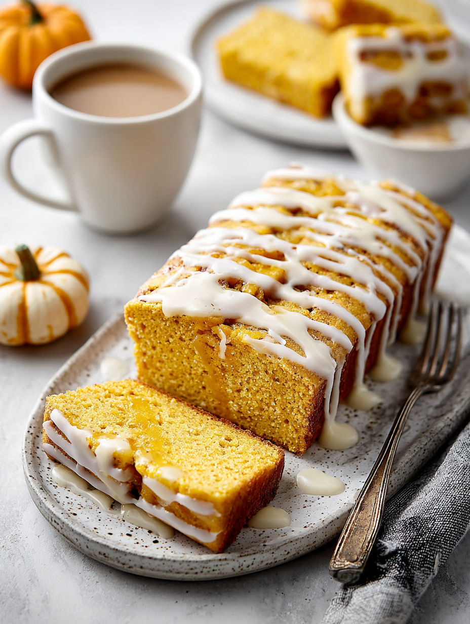 A slice of pumpkin bread with vanilla glaze.