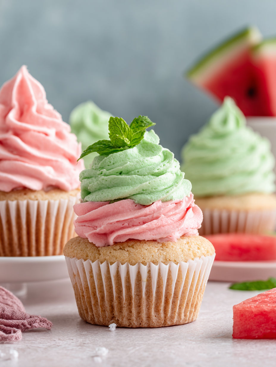 Fluffy watermelon cupcakes with green mint on top.