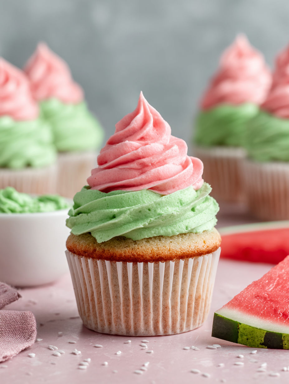 A cupcake with a pink and green frosting.