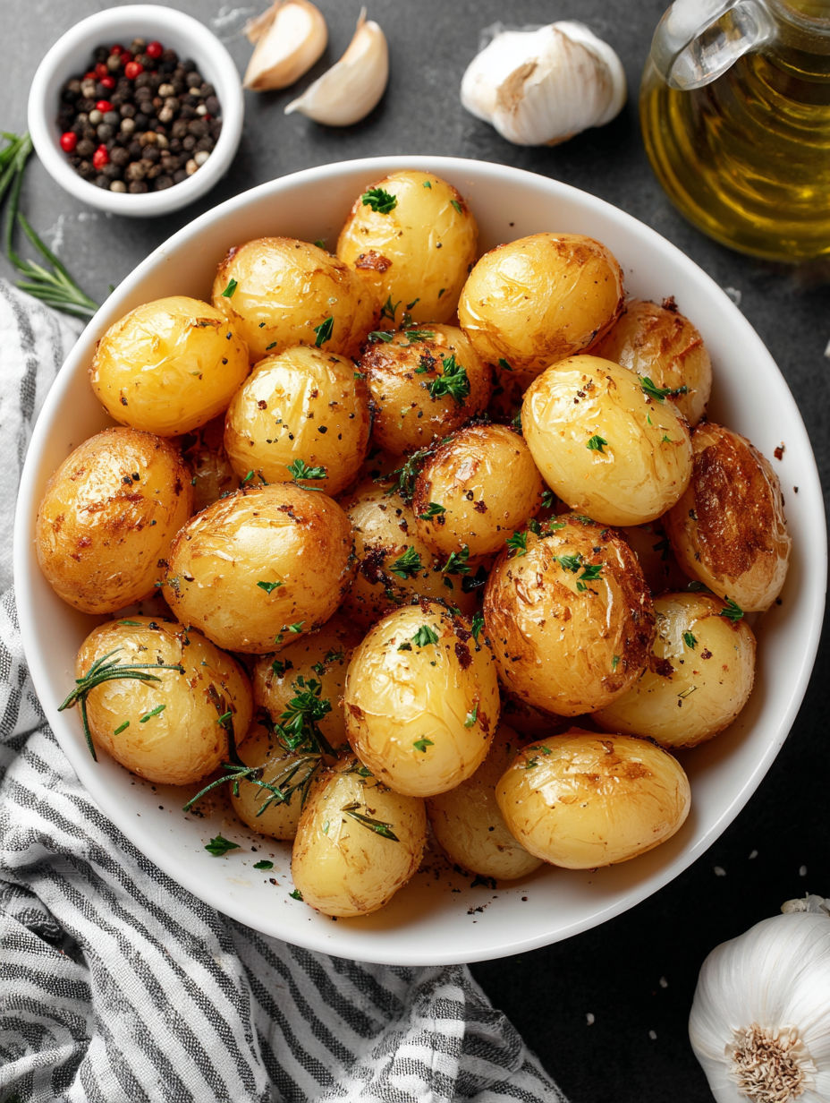 A bowl of potatoes with garlic and herbs.