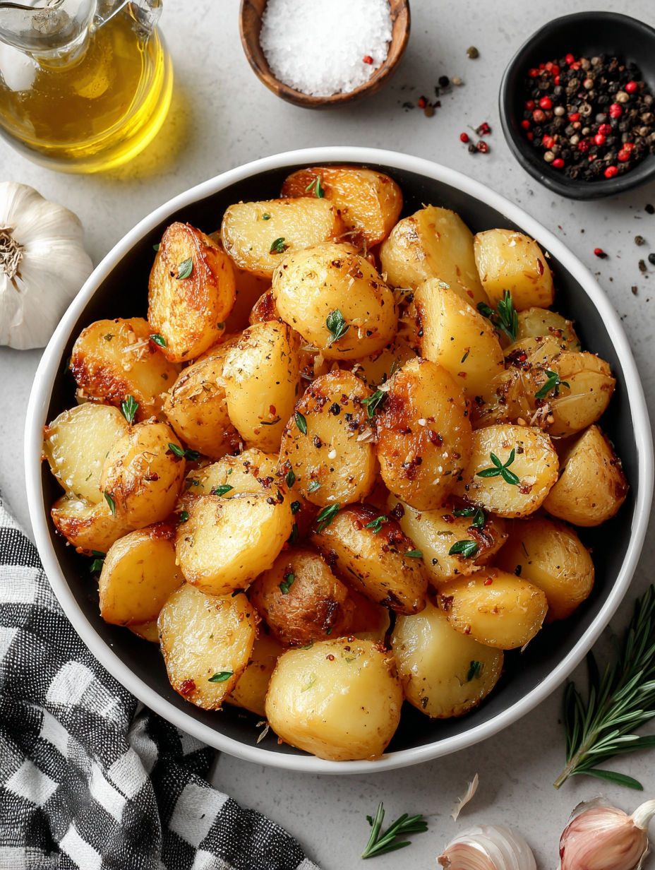 A bowl of garlic potatoes with a spoon in it.
