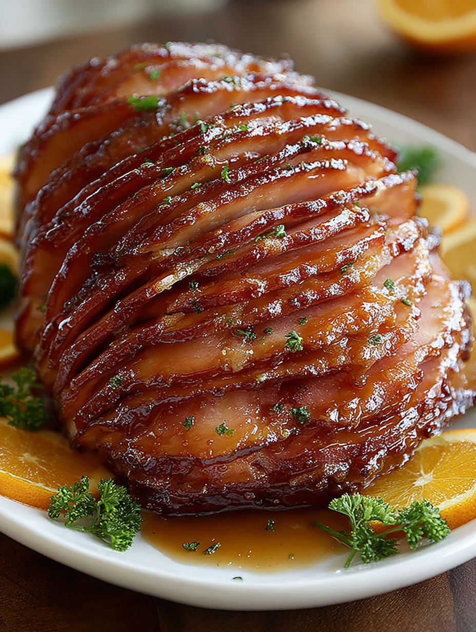 A glazed spiral ham on a plate.