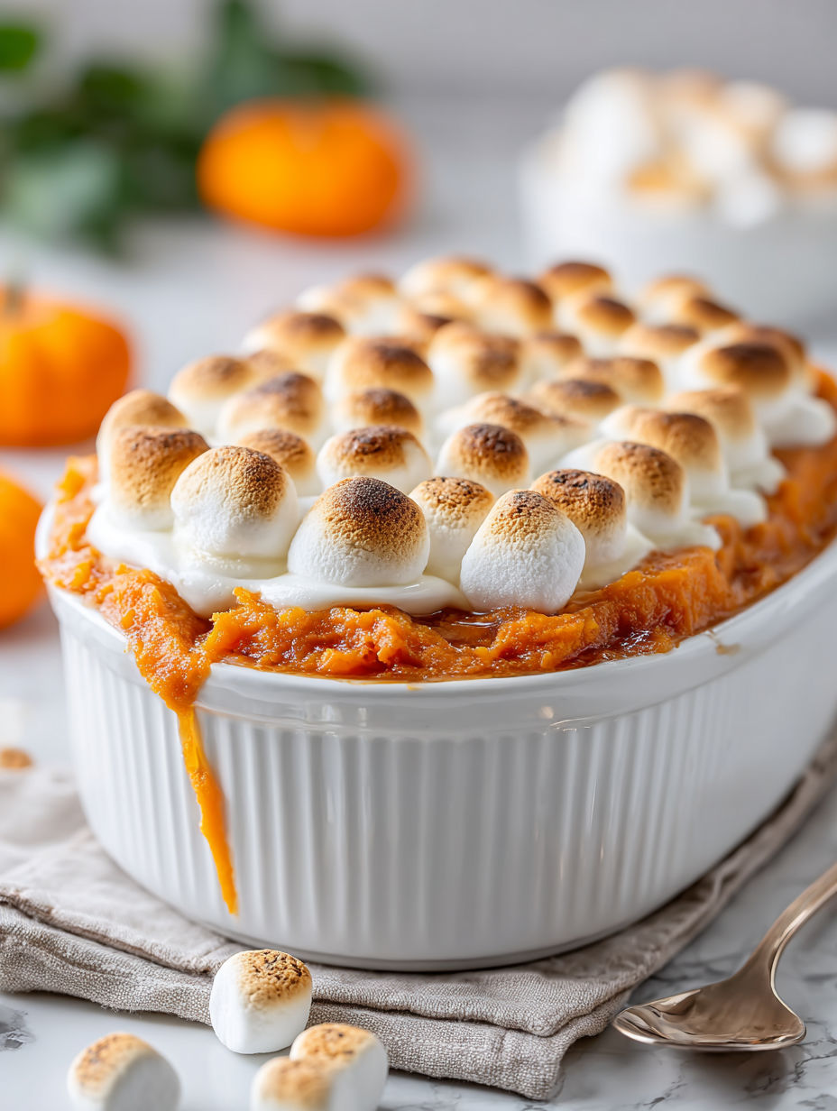 A white bowl filled with a sweet potato casserole.