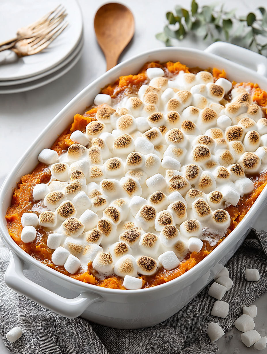 A white bowl filled with a sweet potato casserole.