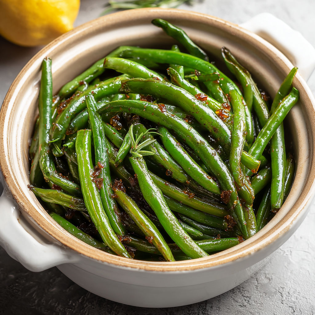 A bowl of green beans with a lemon wedge on top.