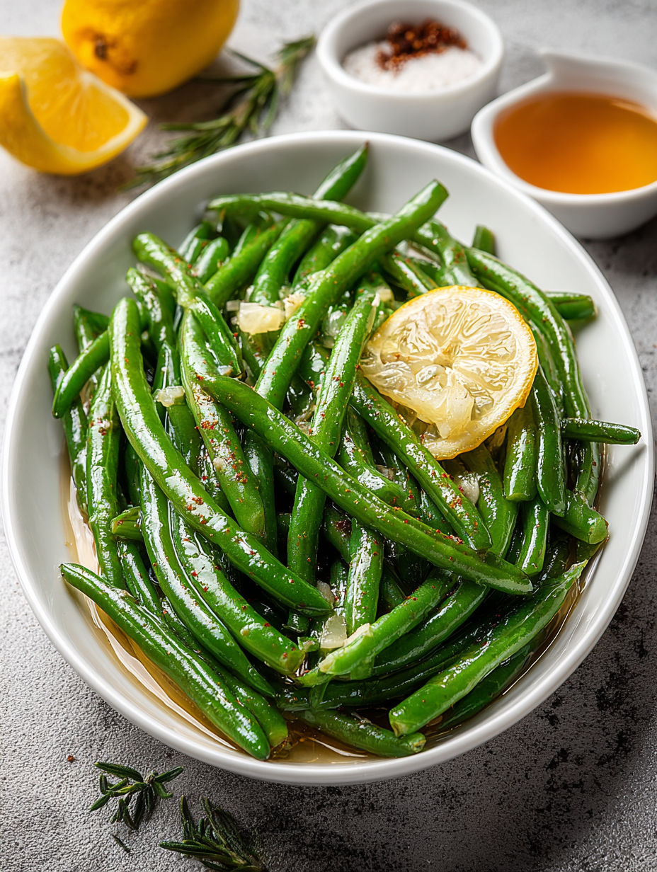 A bowl of green beans with lemon slices on top.