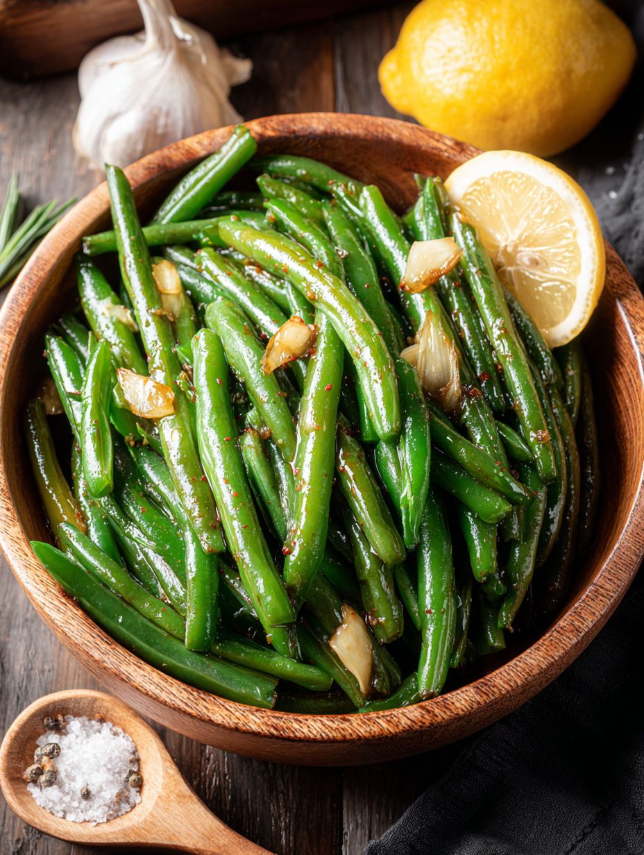 A bowl of green beans with onions and spices.