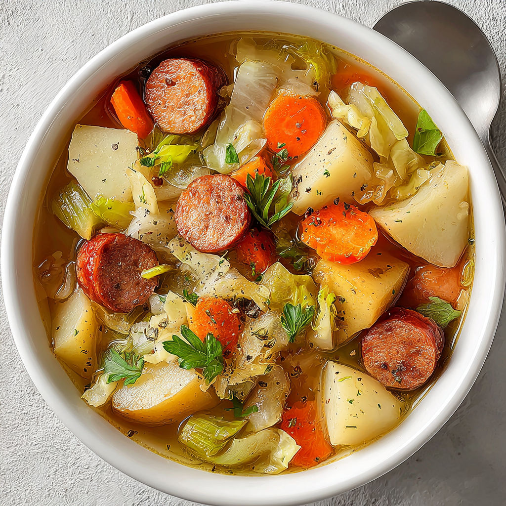 A bowl of soup with sausage, cabbage and potatoes.