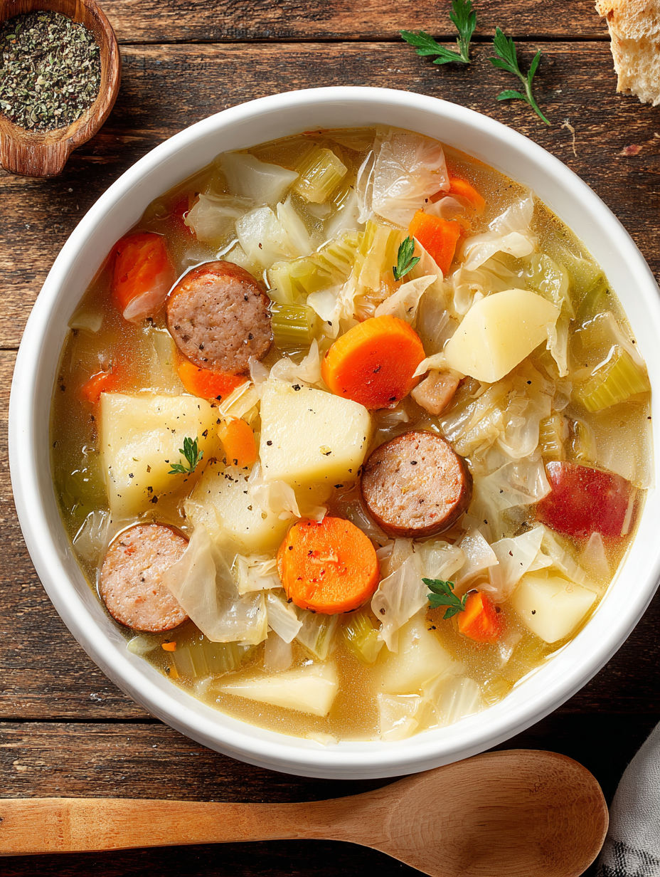 A bowl of soup with sausage, cabbage and potatoes.