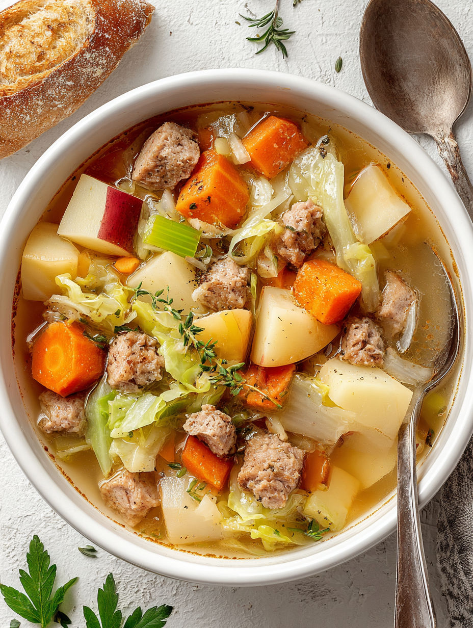 A bowl of soup with meat, cabbage and potatoes.
