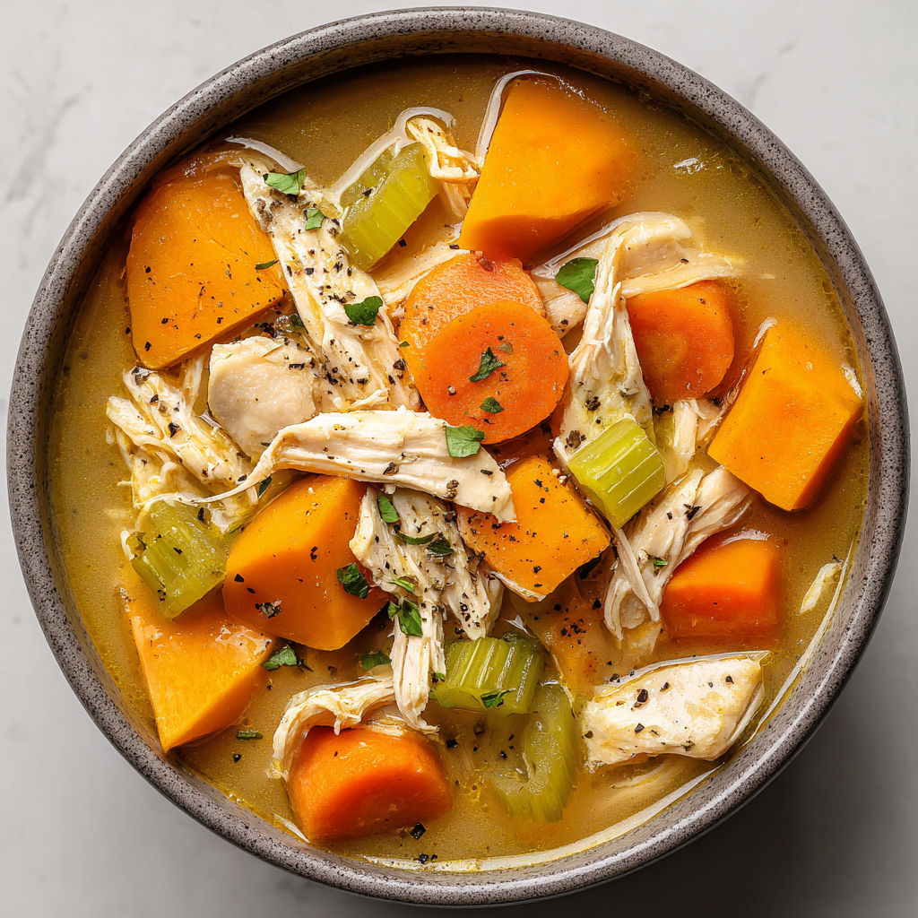 A bowl of soup with chicken and sweet potatoes.