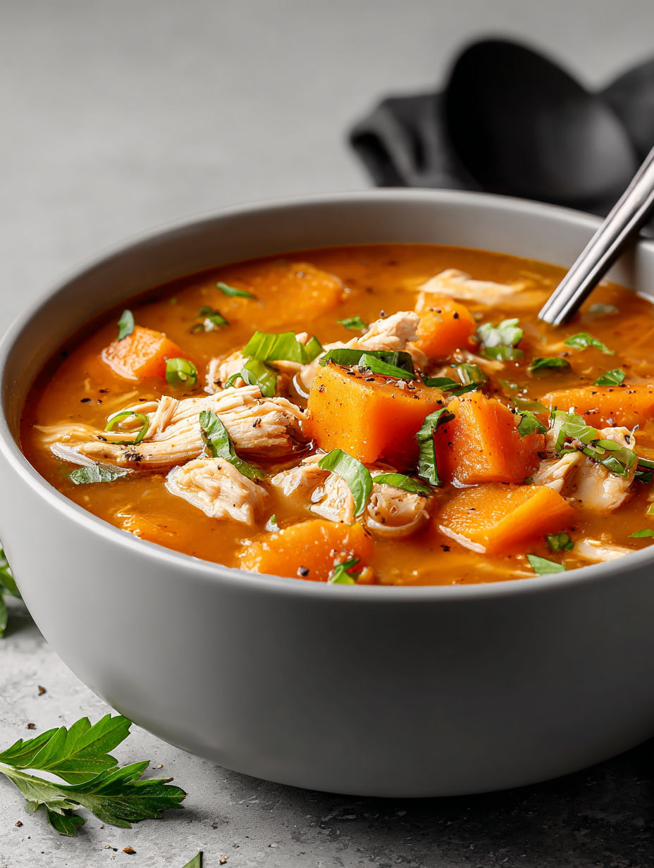 A bowl of chicken and sweet potato soup.