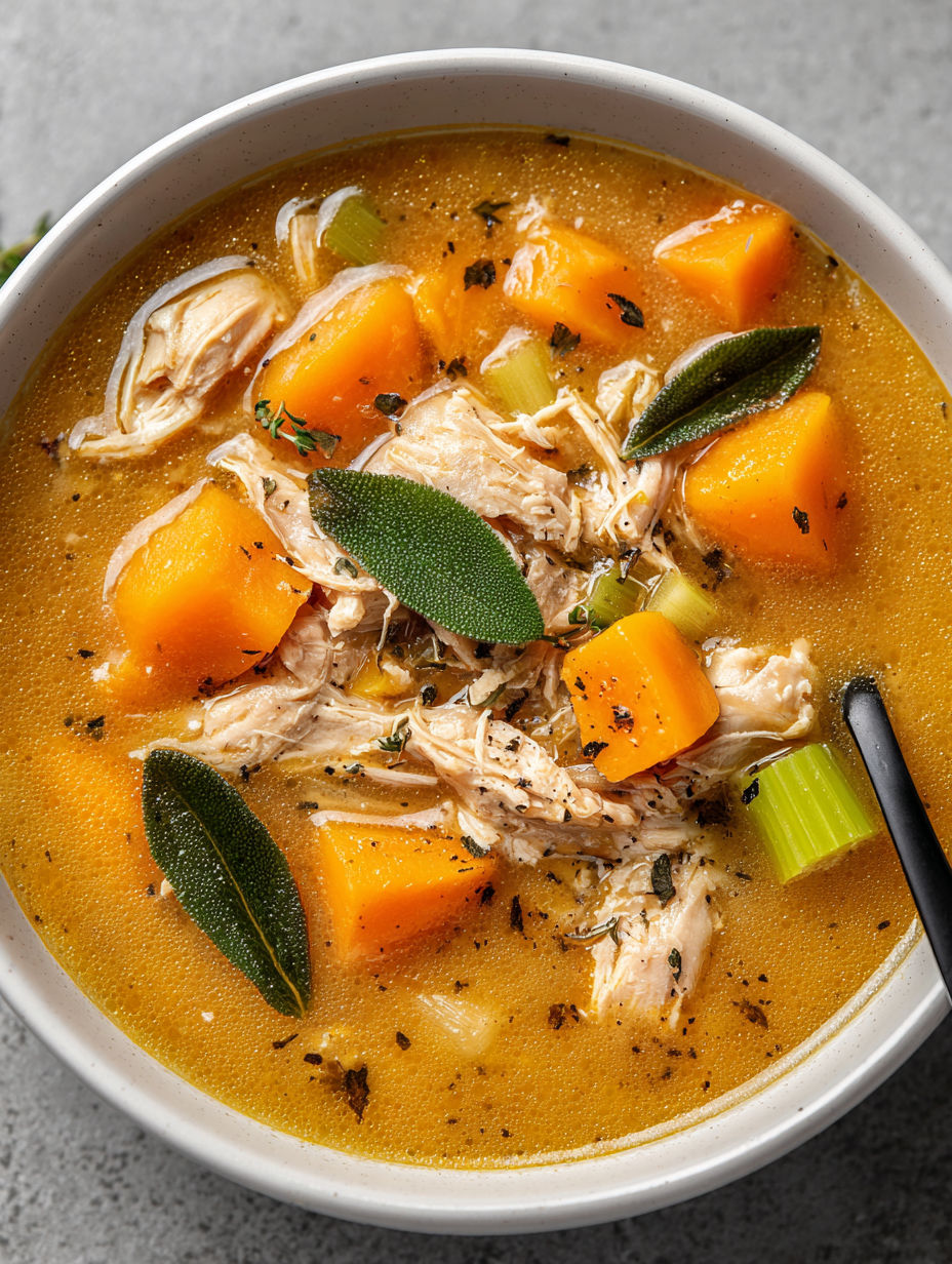 A bowl of soup with chicken and sweet potatoes.