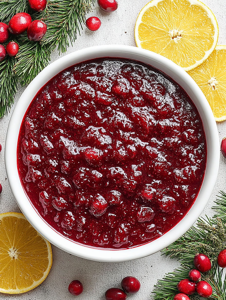 A bowl of red jam with a slice of lemon on top.