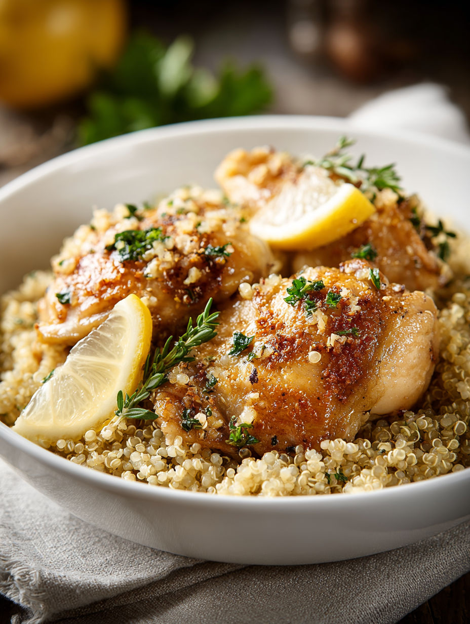 A bowl of chicken with lemon and herbs.