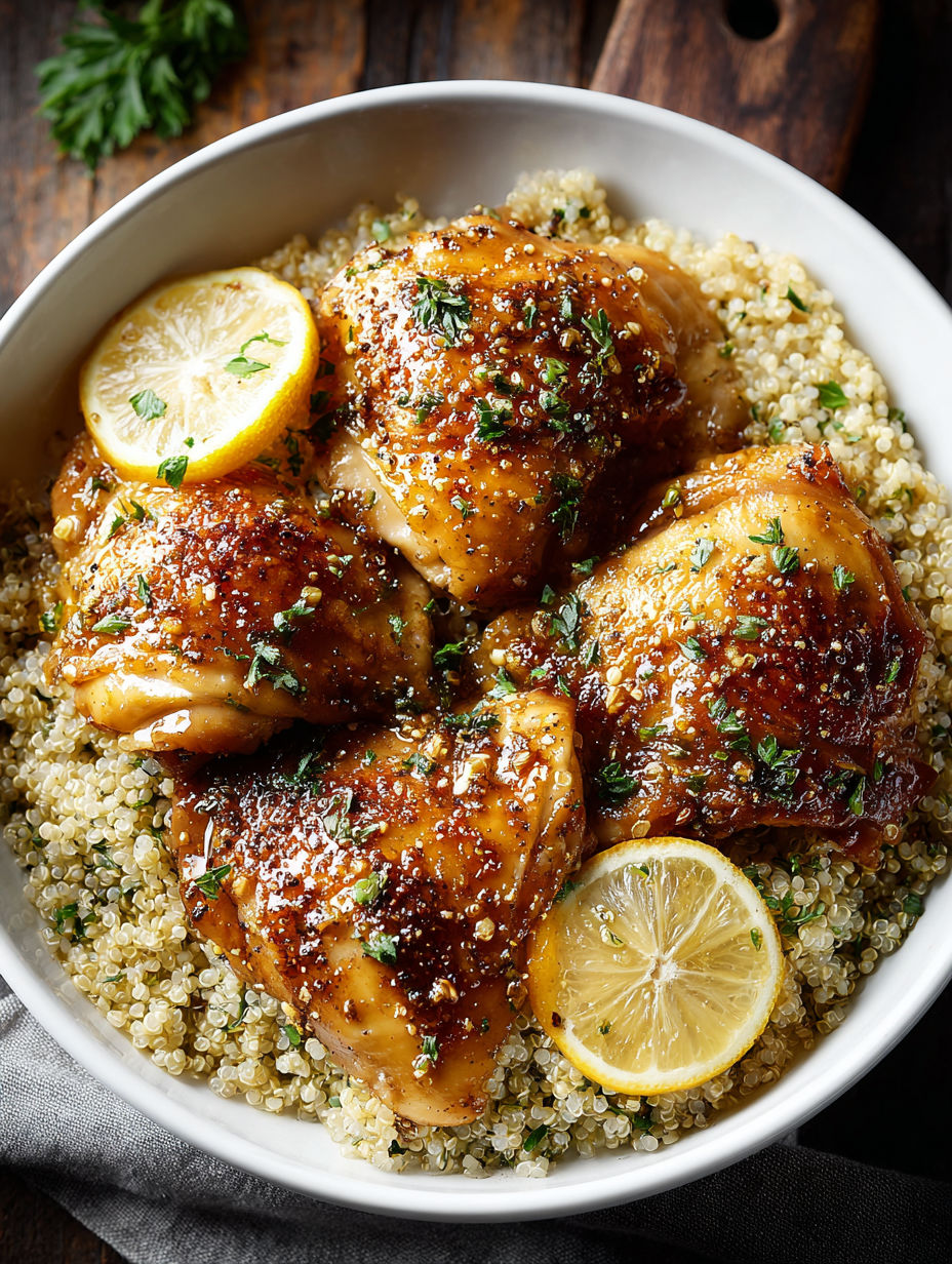 A bowl of chicken with lemon and herbs.