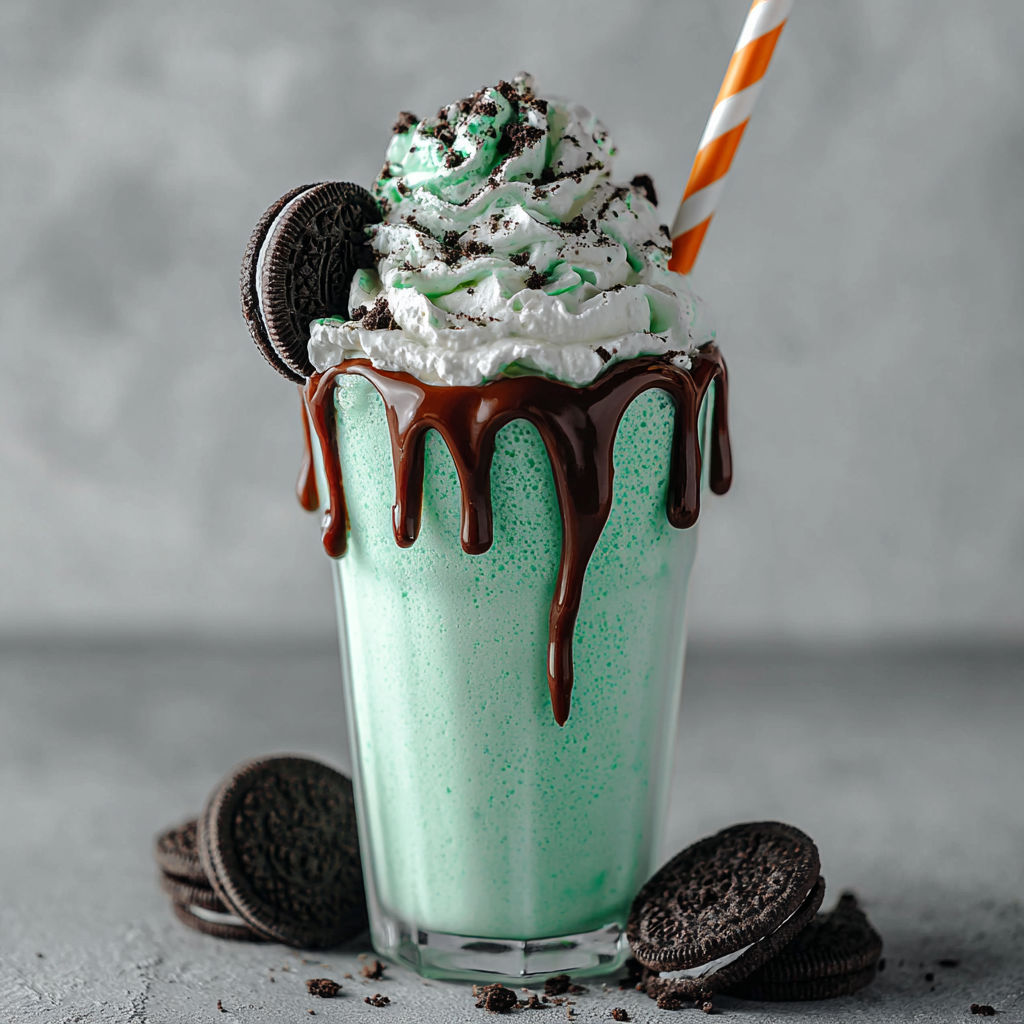A green milkshake with cookies and cream.