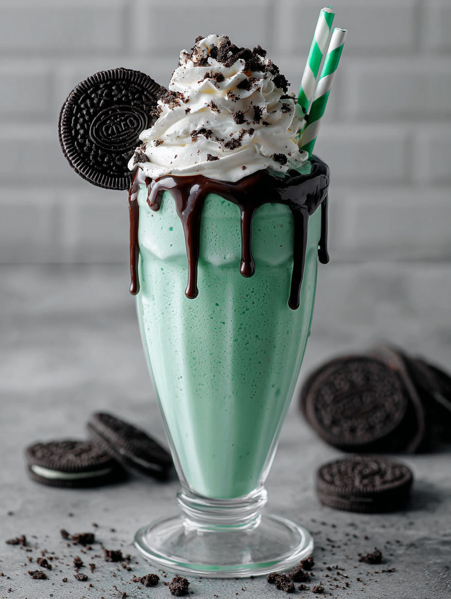 A green milkshake with cookies and cream.