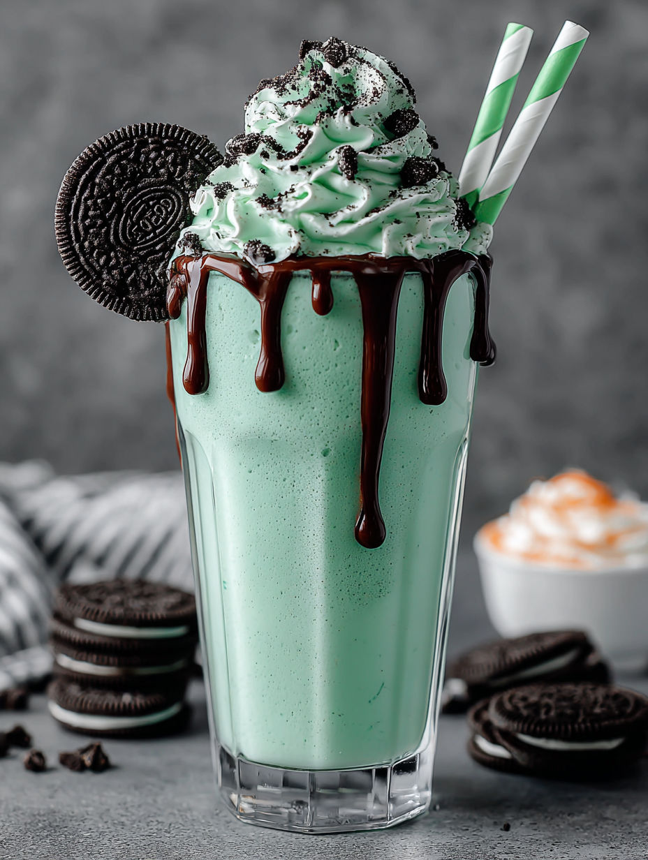 A green milkshake with cookies and cream.
