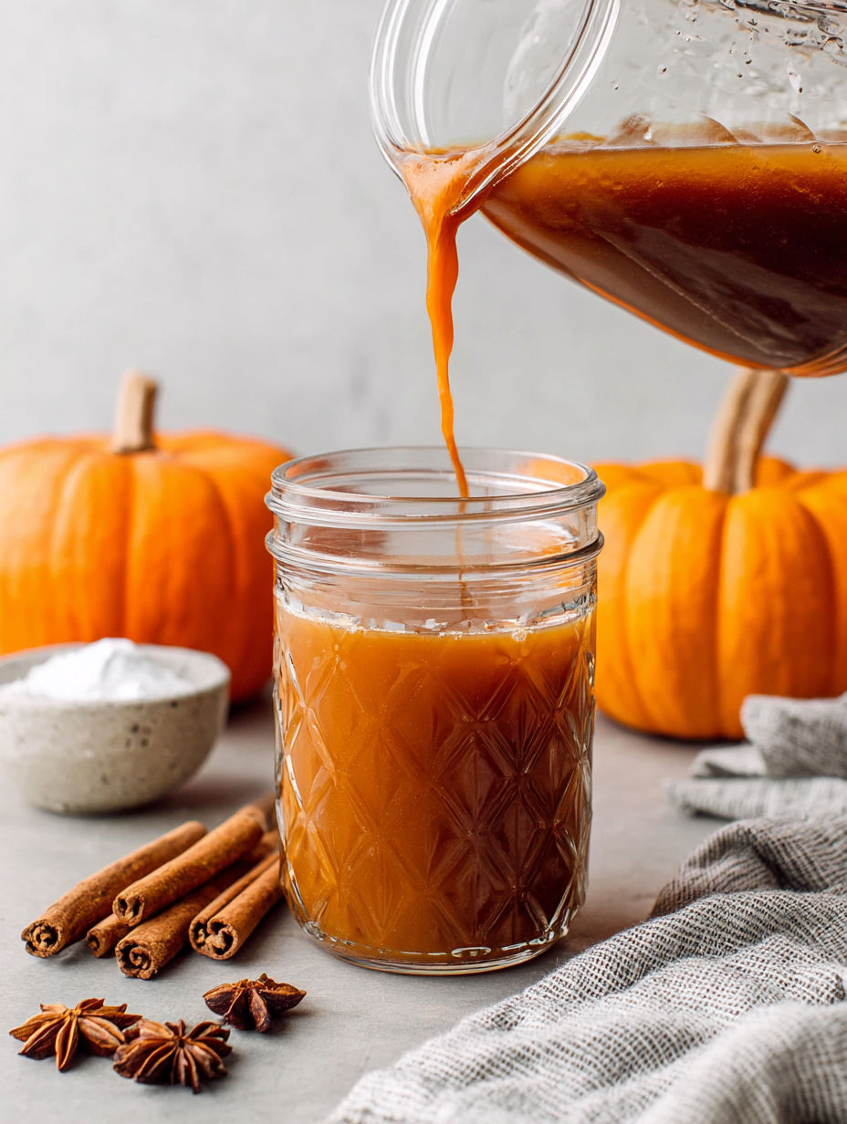 A glass of caramel is poured into a jar.