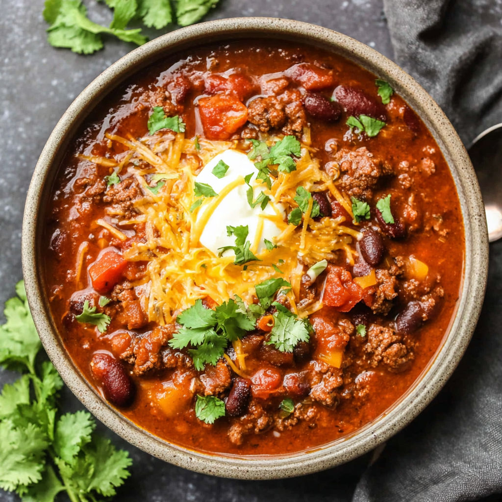 A bowl of chili with cheese and tomatoes.