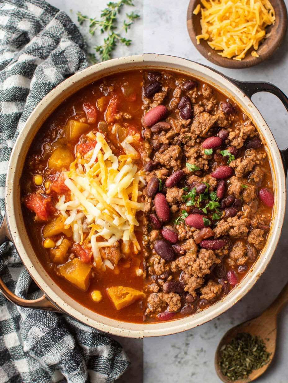 A bowl of chili with beans and cheese.