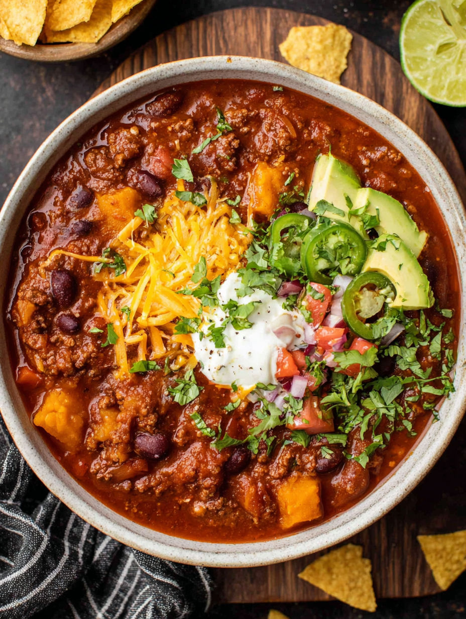 A bowl of chili with a dollop of sour cream on top.