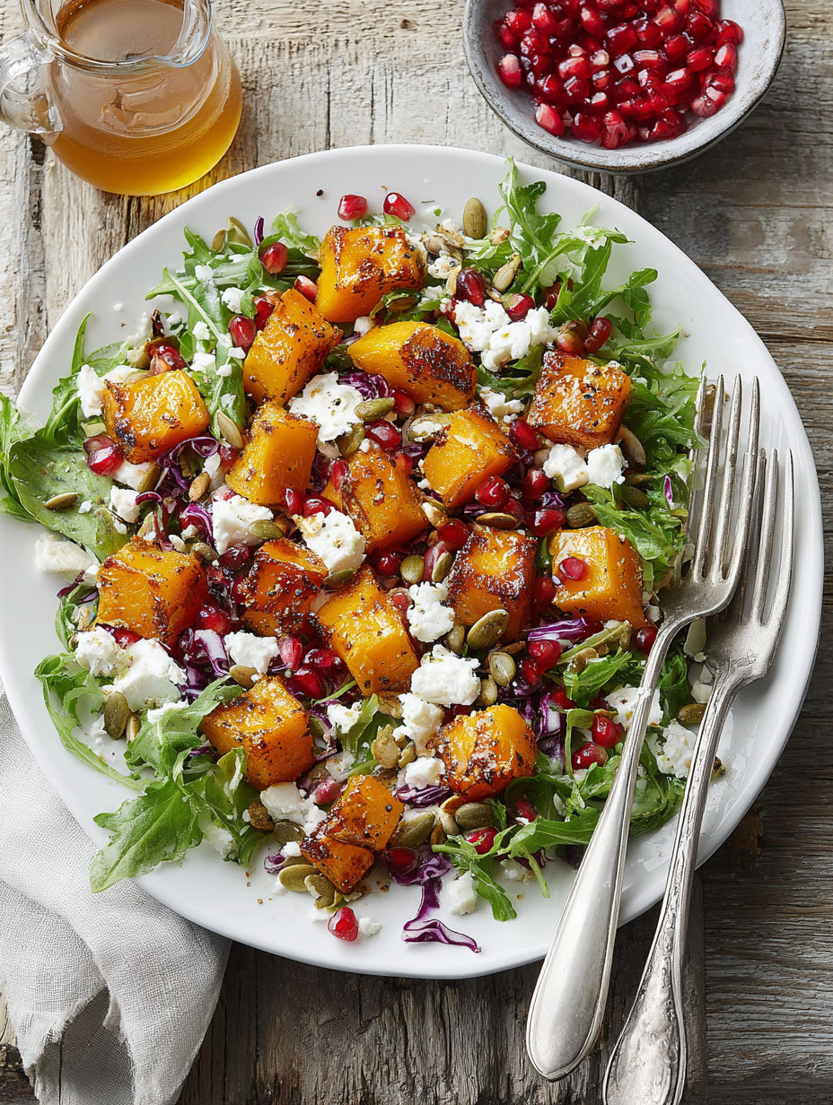 A plate of roasted butternut squash and pomegranate salad.