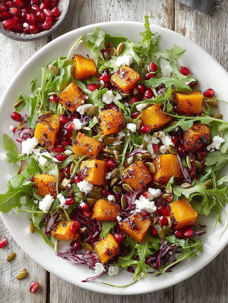 A plate of roasted butternut squash and pomegranate salad.