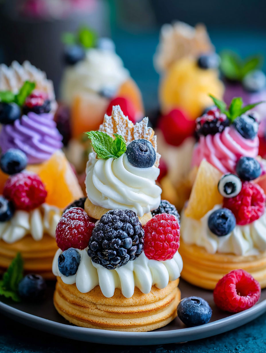 A variety of mini desserts with fruit toppings.