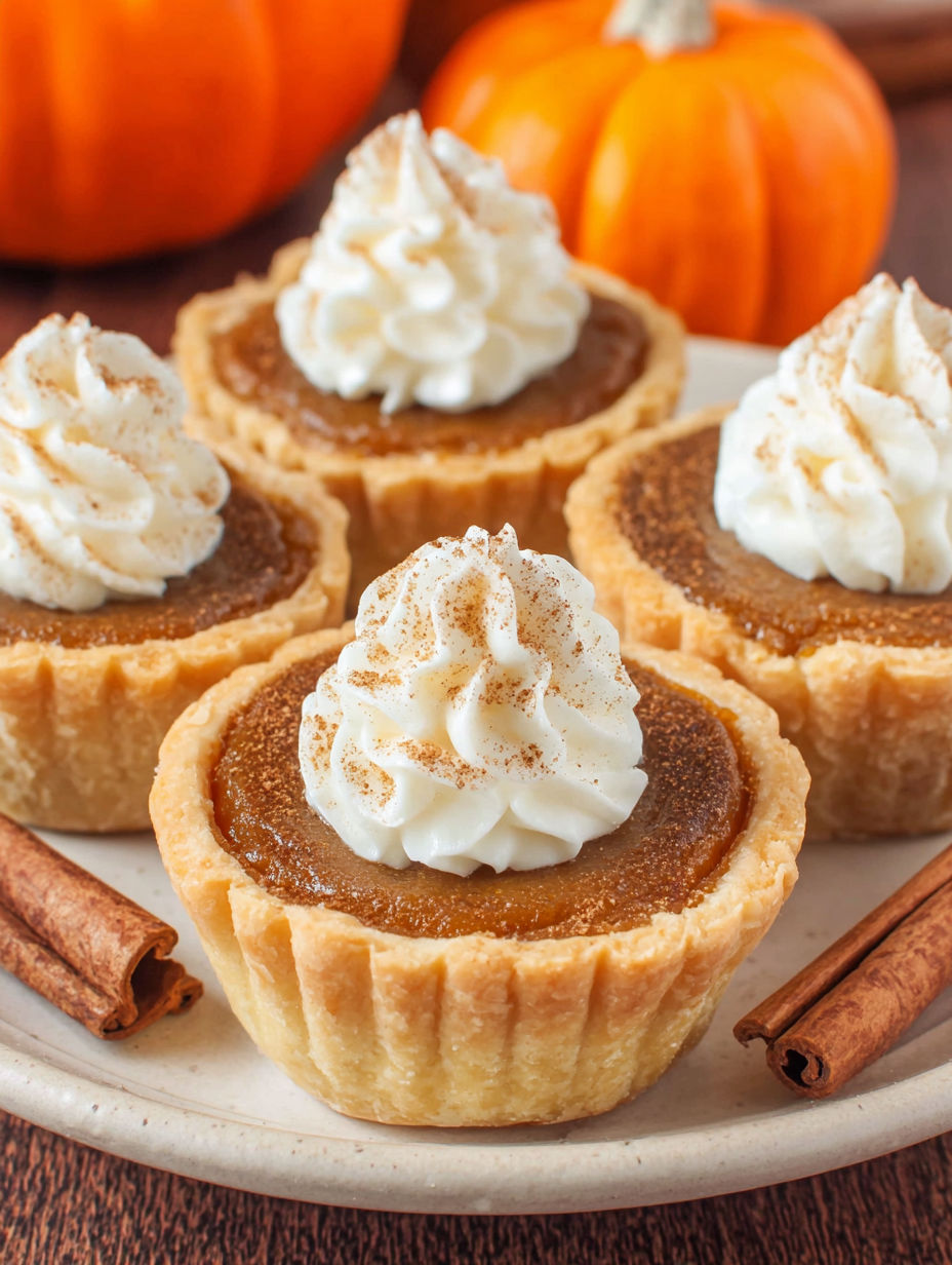 Three mini pumpkin pies with whipped cream on top.