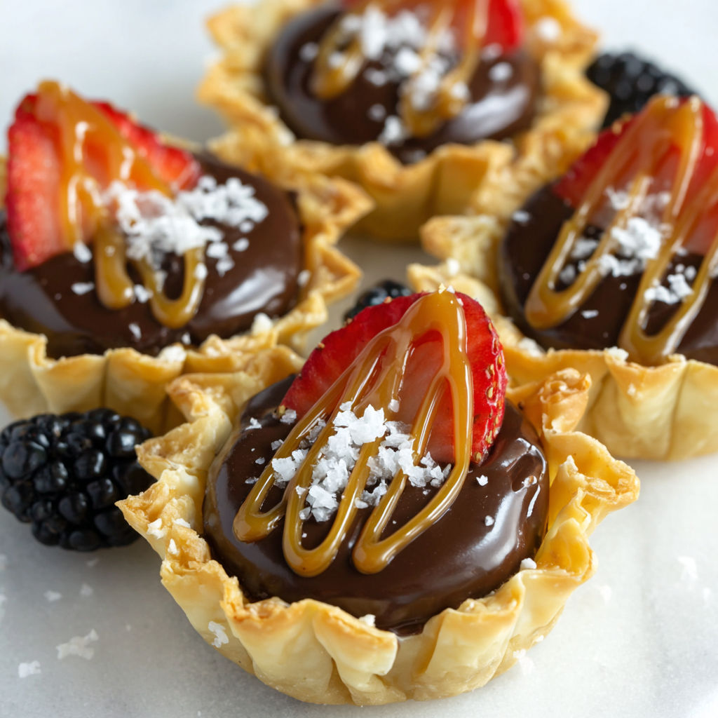 Four mini chocolate ganache tarts with strawberries on top.