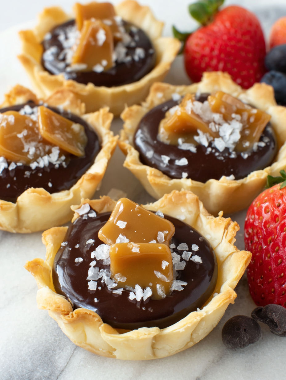 Four mini chocolate ganache tarts on a table.