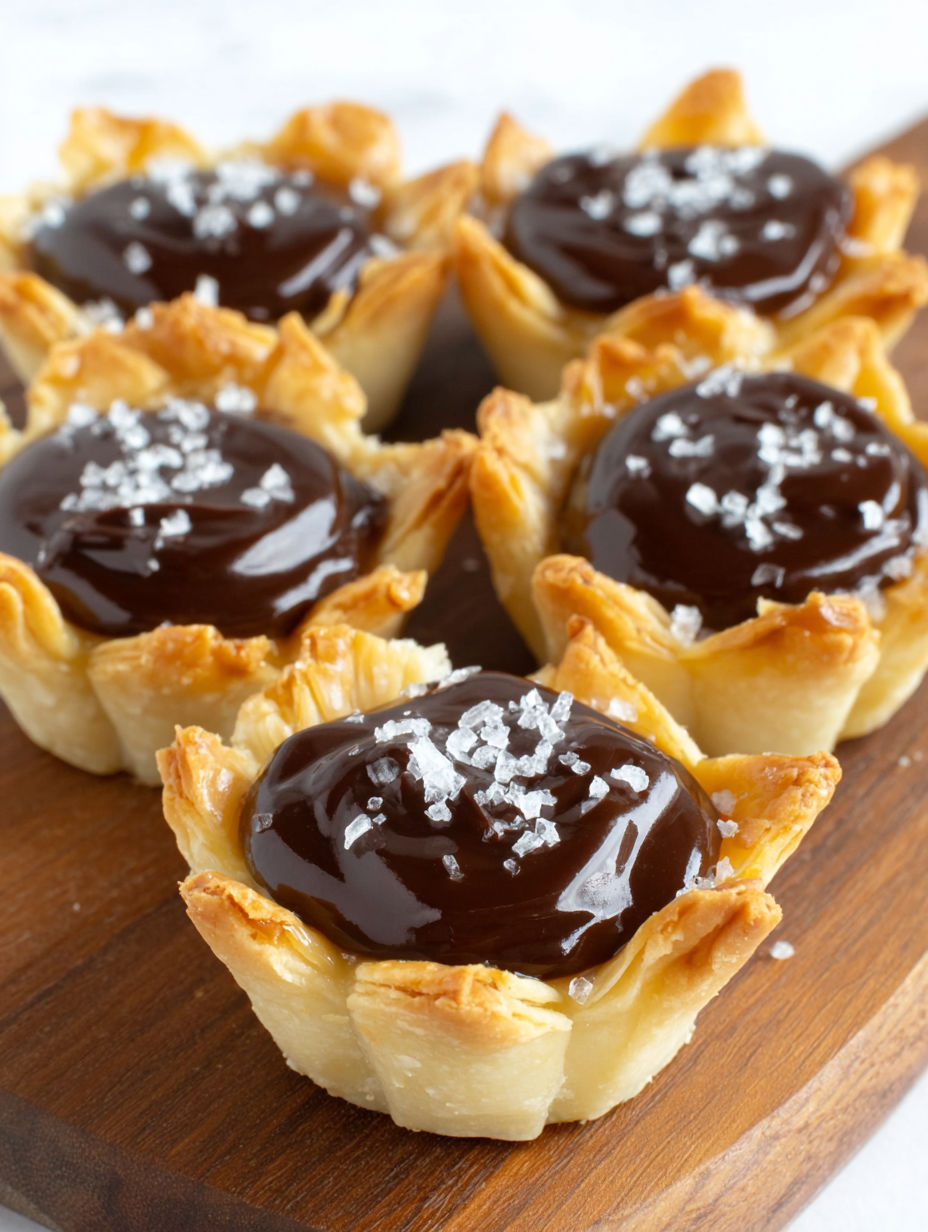 Mini chocolate ganache tarts on a wooden board.
