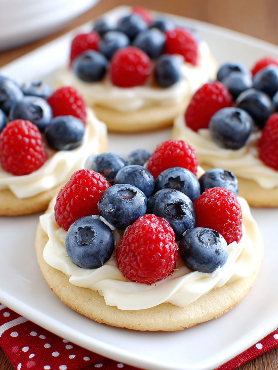 A plate of mini fruit pizza cookies with blueberries and raspberries.