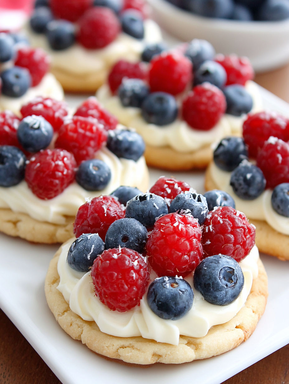 A plate of mini fruit pizza cookies with blueberries and raspberries.